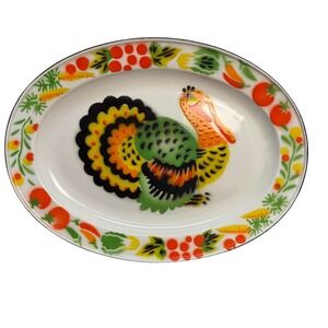 Vintage Hand Painted Enamel Turkey Platter‎ 13x17 Folk Art Toleware Thanksgiving
